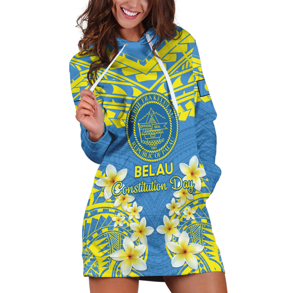 Palau Constitution Day Hoodie Dress Belau Seal With Frangipani Polynesian Pattern - Blue LT14 Blue - Polynesian Pride
