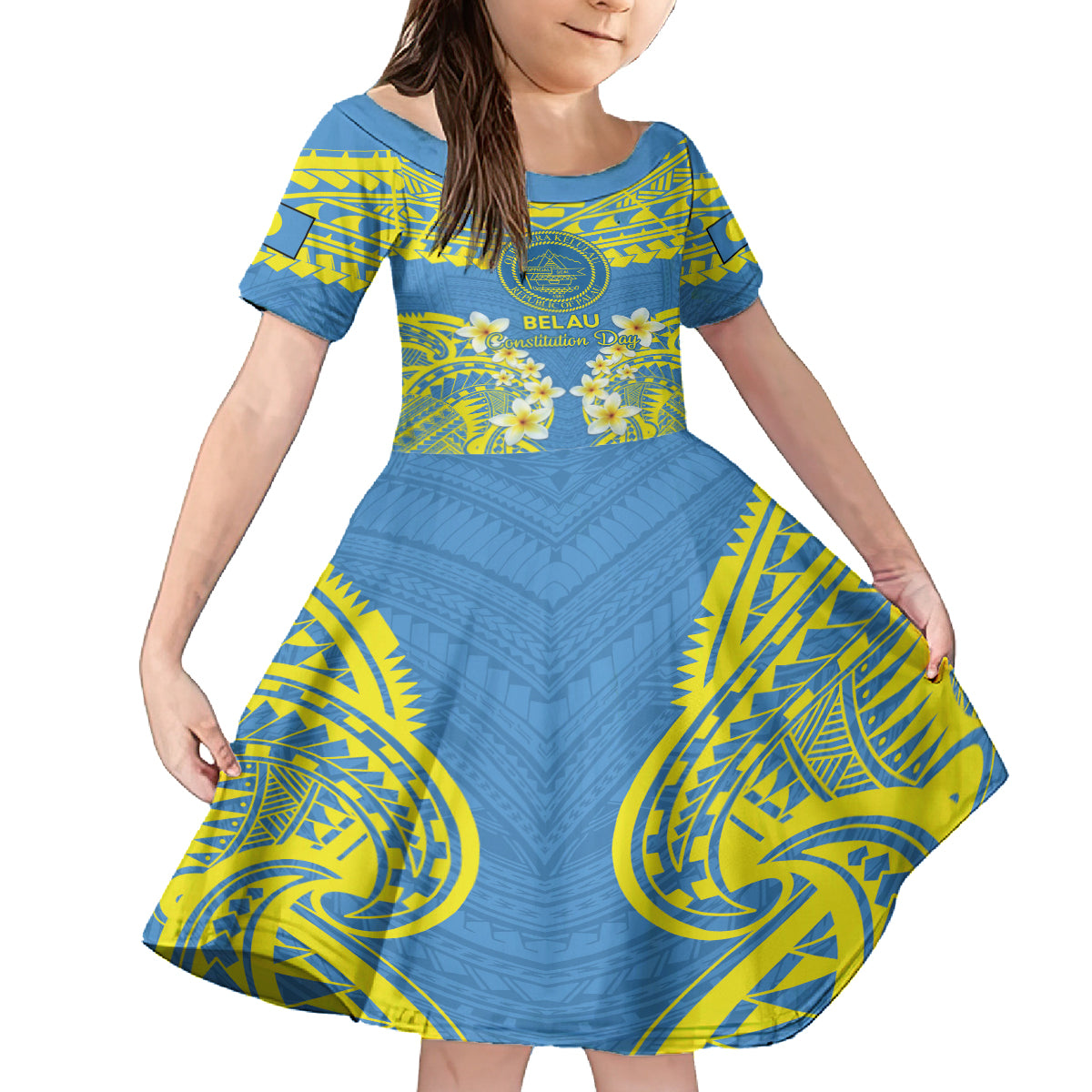 Palau Constitution Day Kid Short Sleeve Dress Belau Seal With Frangipani Polynesian Pattern - Blue LT14 KID Blue - Polynesian Pride