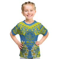 Palau Constitution Day Kid T Shirt Belau Seal With Frangipani Polynesian Pattern - Blue LT14 Blue - Polynesian Pride