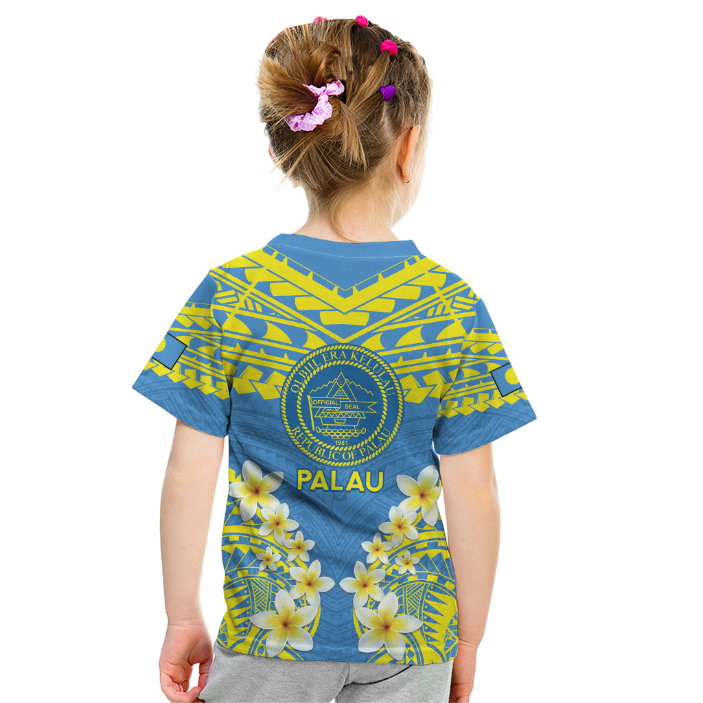 Palau Constitution Day Kid T Shirt Belau Seal With Frangipani Polynesian Pattern - Blue LT14 - Polynesian Pride