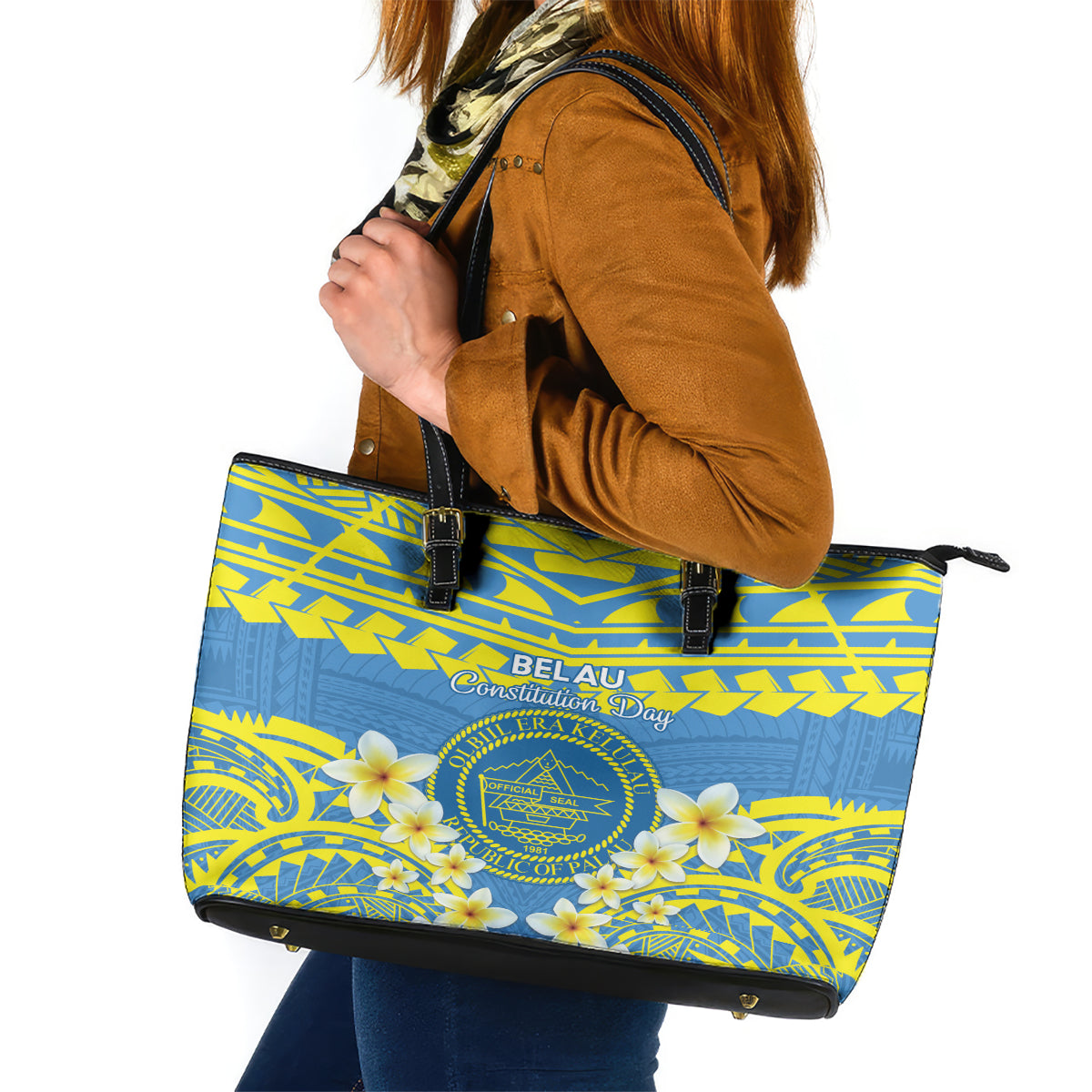 Palau Constitution Day Leather Tote Bag Belau Seal With Frangipani Polynesian Pattern - Blue LT14 Blue - Polynesian Pride