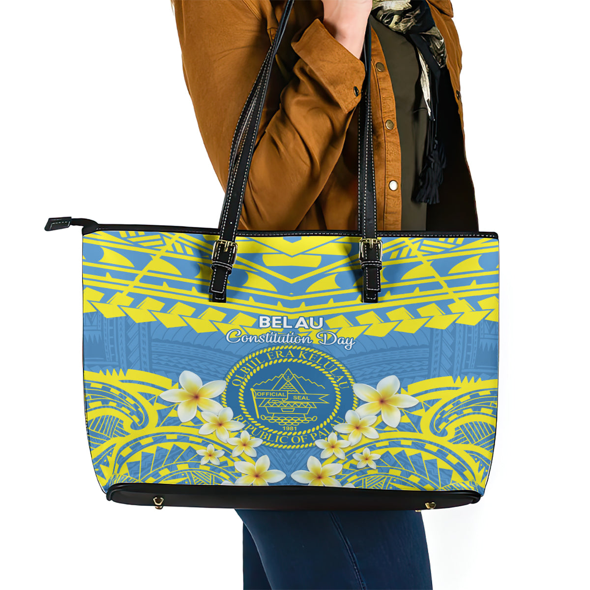 Palau Constitution Day Leather Tote Bag Belau Seal With Frangipani Polynesian Pattern - Blue LT14 - Polynesian Pride