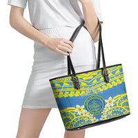 Palau Constitution Day Leather Tote Bag Belau Seal With Frangipani Polynesian Pattern - Blue LT14 - Polynesian Pride