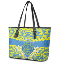 Palau Constitution Day Leather Tote Bag Belau Seal With Frangipani Polynesian Pattern - Blue LT14 - Polynesian Pride