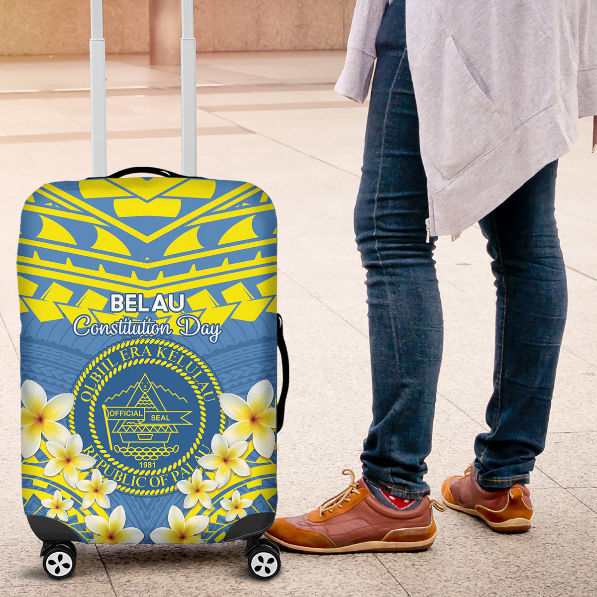 Palau Constitution Day Luggage Cover Belau Seal With Frangipani Polynesian Pattern - Blue LT14 Blue - Polynesian Pride