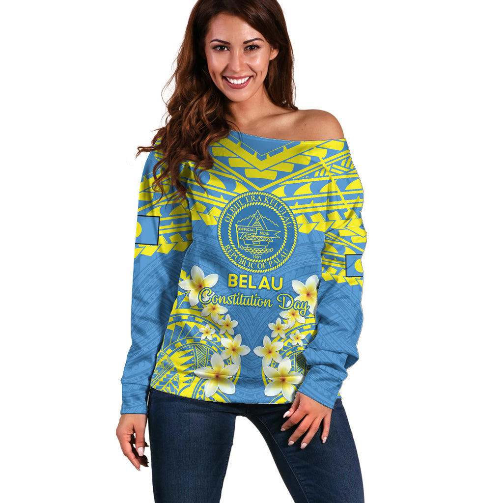 Palau Constitution Day Off Shoulder Sweater Belau Seal With Frangipani Polynesian Pattern - Blue LT14 Women Blue - Polynesian Pride