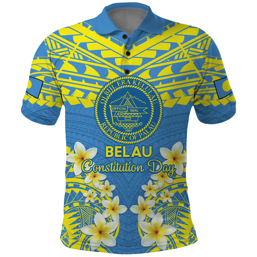 Palau Constitution Day Polo Shirt Belau Seal With Frangipani Polynesian Pattern - Blue LT14 Blue - Polynesian Pride