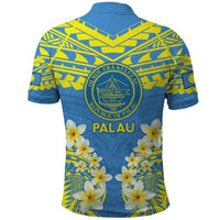 Palau Constitution Day Polo Shirt Belau Seal With Frangipani Polynesian Pattern - Blue LT14 - Polynesian Pride