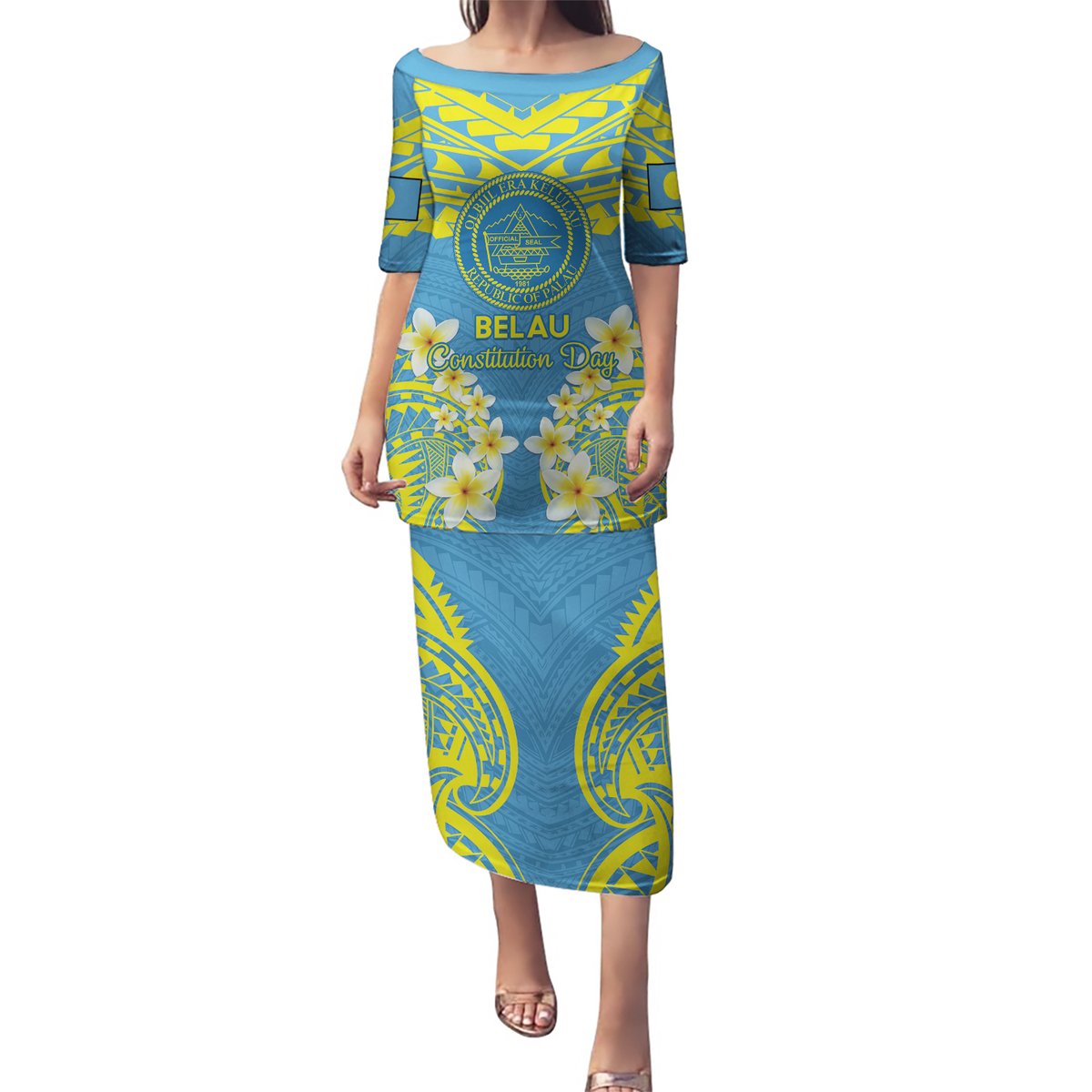 Palau Constitution Day Puletasi Belau Seal With Frangipani Polynesian Pattern - Blue LT14 Long Dress Blue - Polynesian Pride