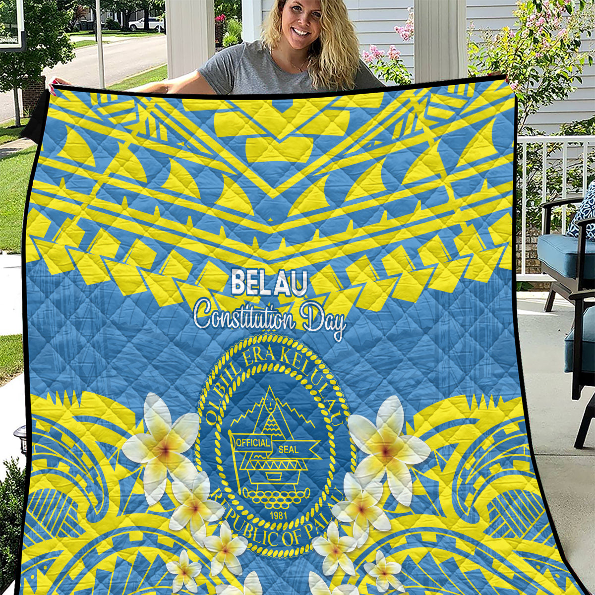 Palau Constitution Day Quilt Belau Seal With Frangipani Polynesian Pattern - Blue