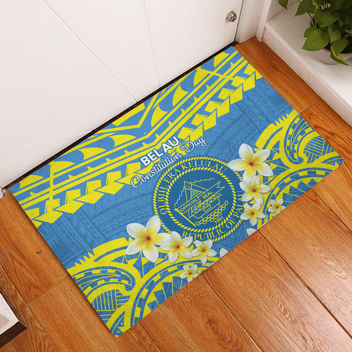 Palau Constitution Day Rubber Doormat Belau Seal With Frangipani Polynesian Pattern - Blue LT14 Blue - Polynesian Pride