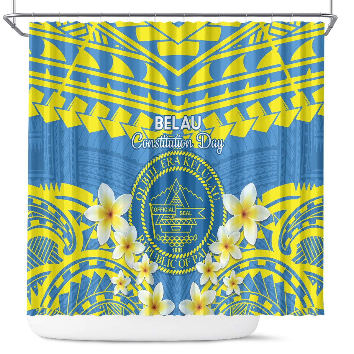 Palau Constitution Day Shower Curtain Belau Seal With Frangipani Polynesian Pattern - Blue LT14 Blue - Polynesian Pride