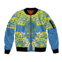 Palau Constitution Day Sleeve Zip Bomber Jacket Belau Seal With Frangipani Polynesian Pattern - Blue LT14 Unisex Blue - Polynesian Pride