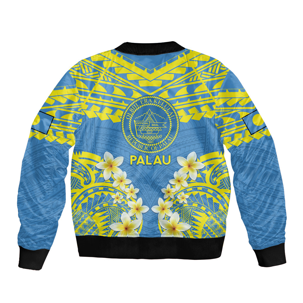 Palau Constitution Day Sleeve Zip Bomber Jacket Belau Seal With Frangipani Polynesian Pattern - Blue LT14 - Polynesian Pride