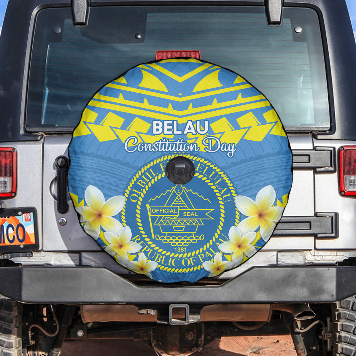 Palau Constitution Day Spare Tire Cover Belau Seal With Frangipani Polynesian Pattern - Blue LT14 Blue - Polynesian Pride