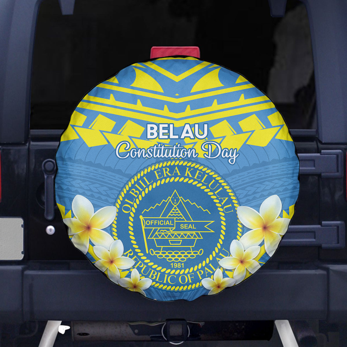 Palau Constitution Day Spare Tire Cover Belau Seal With Frangipani Polynesian Pattern - Blue LT14 - Polynesian Pride