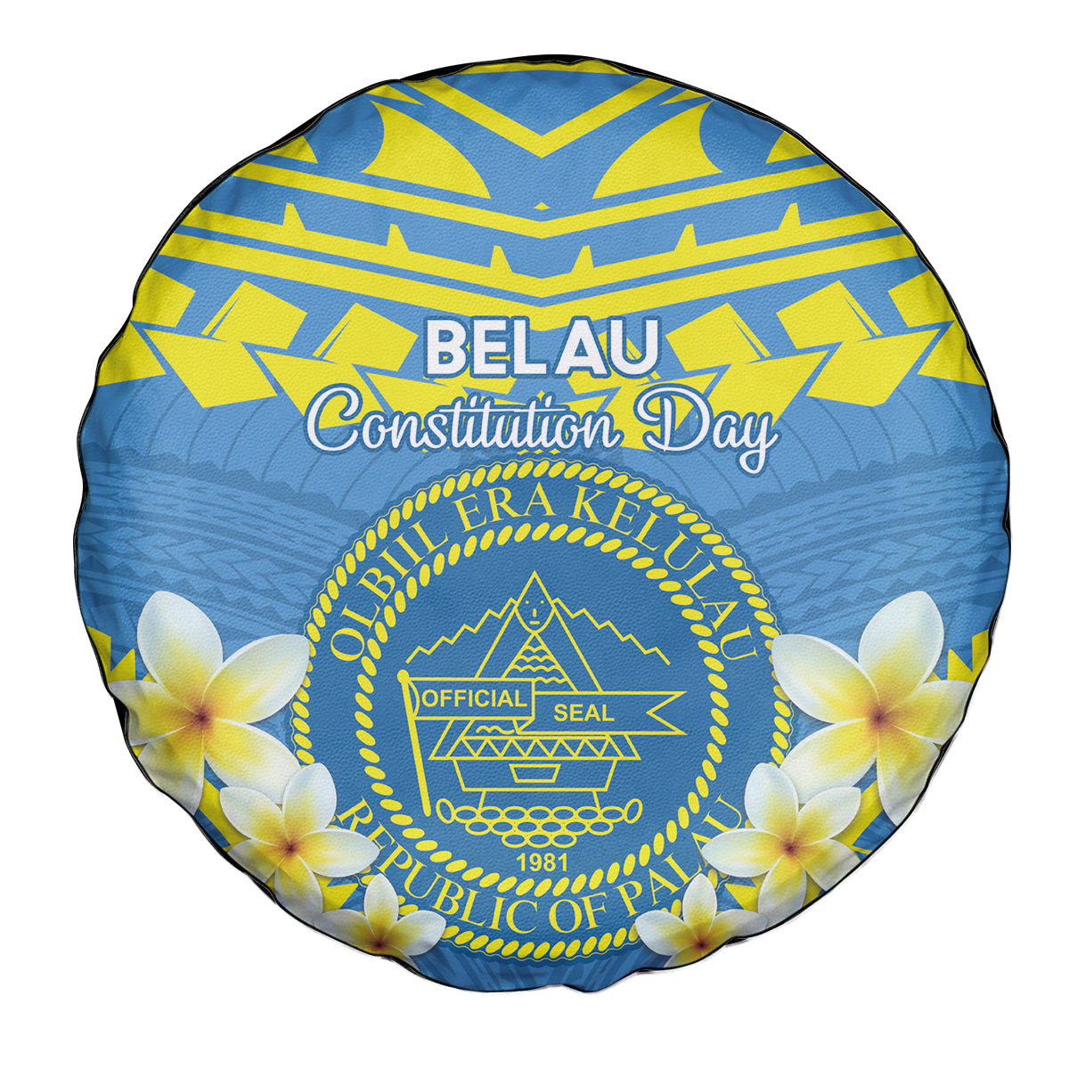Palau Constitution Day Spare Tire Cover Belau Seal With Frangipani Polynesian Pattern - Blue LT14 - Polynesian Pride