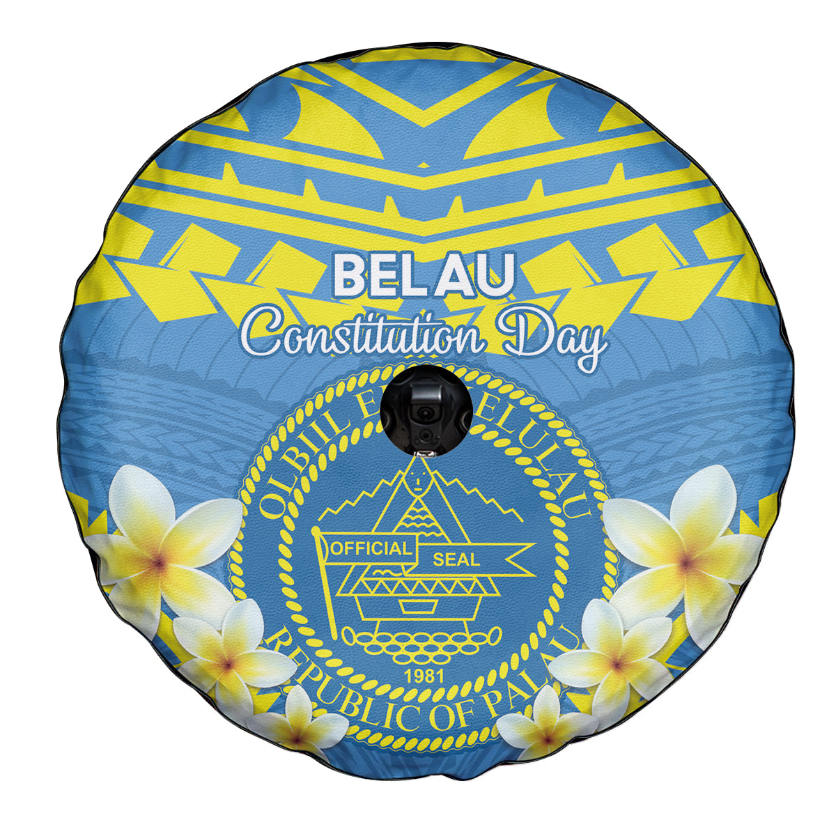 Palau Constitution Day Spare Tire Cover Belau Seal With Frangipani Polynesian Pattern - Blue LT14 - Polynesian Pride