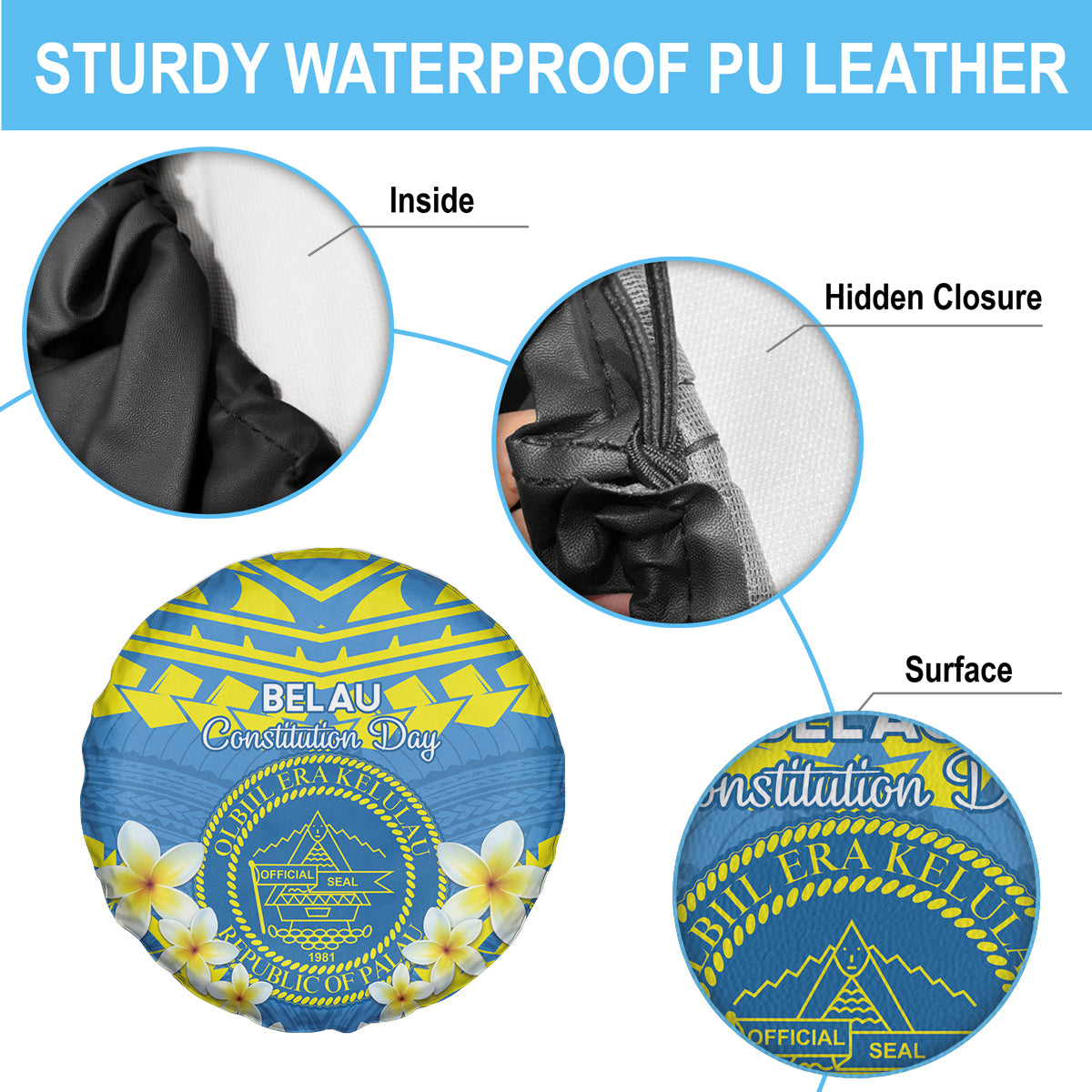 Palau Constitution Day Spare Tire Cover Belau Seal With Frangipani Polynesian Pattern - Blue LT14 - Polynesian Pride