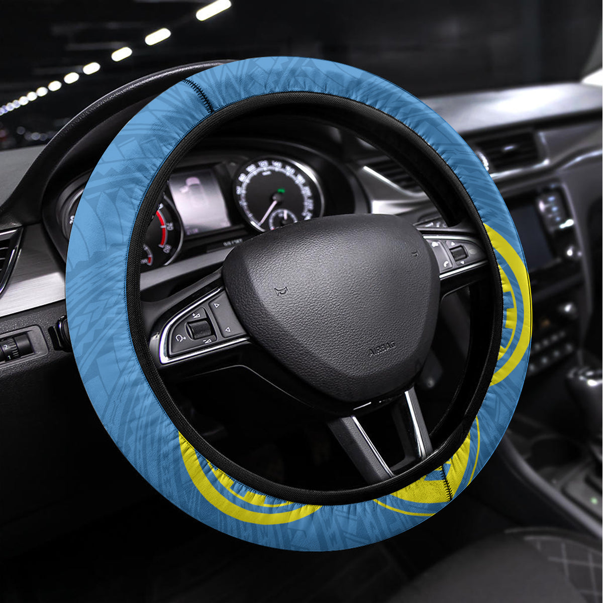 Palau Constitution Day Steering Wheel Cover Belau Seal With Frangipani Polynesian Pattern - Blue