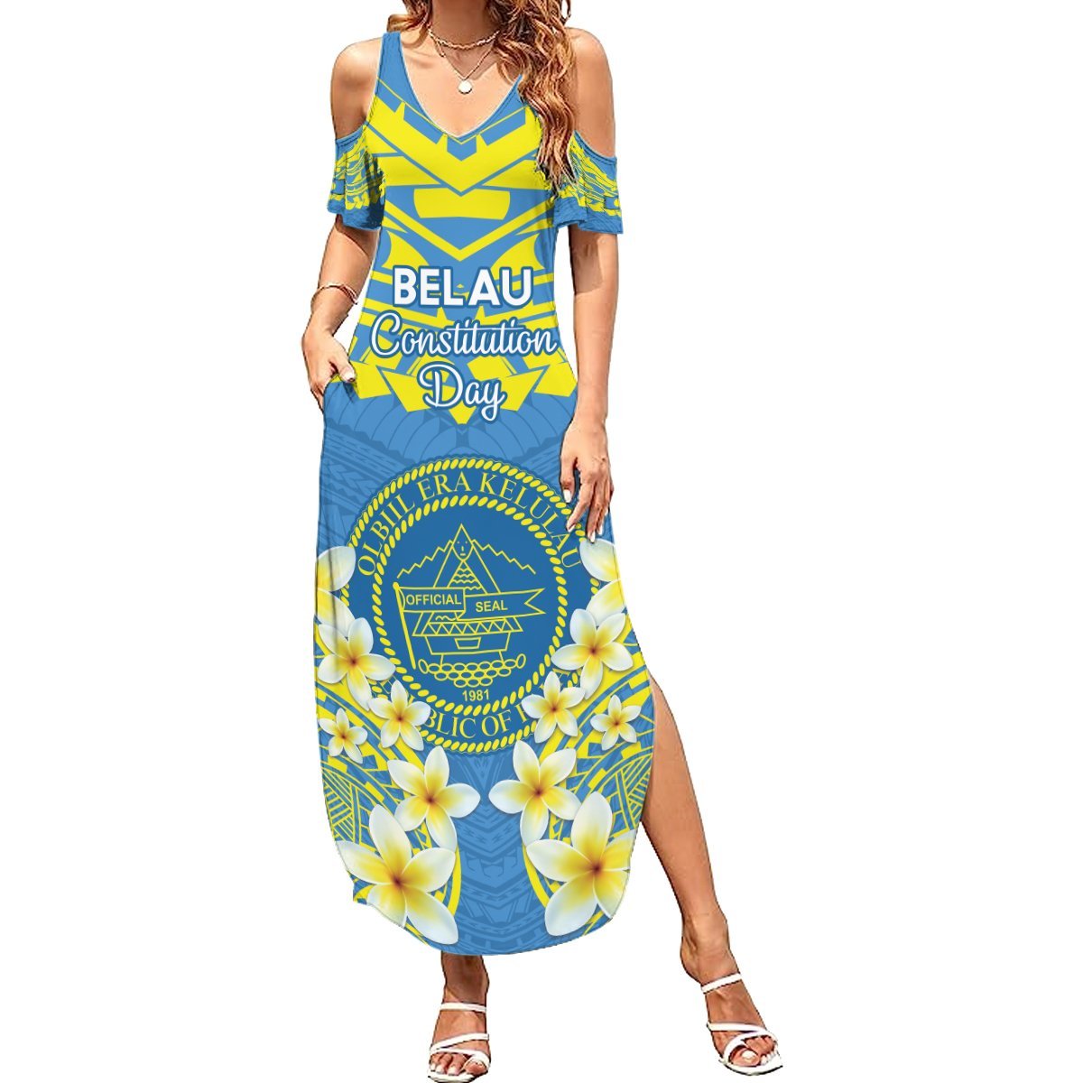 Palau Constitution Day Summer Maxi Dress Belau Seal With Frangipani Polynesian Pattern - Blue LT14 Women Blue - Polynesian Pride