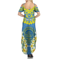 Palau Constitution Day Summer Maxi Dress Belau Seal With Frangipani Polynesian Pattern - Blue LT14 - Polynesian Pride