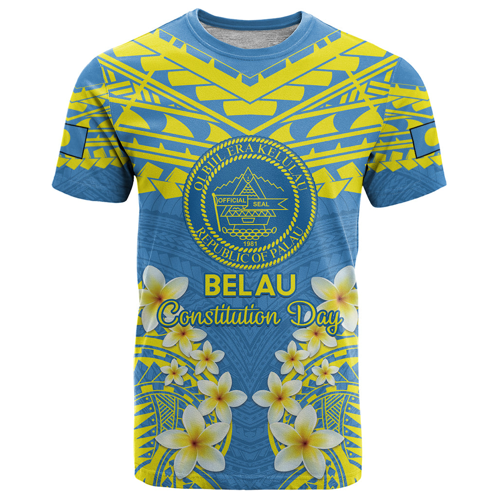 Palau Constitution Day T Shirt Belau Seal With Frangipani Polynesian Pattern - Blue LT14 Blue - Polynesian Pride