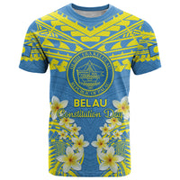 Palau Constitution Day T Shirt Belau Seal With Frangipani Polynesian Pattern - Blue LT14 Blue - Polynesian Pride
