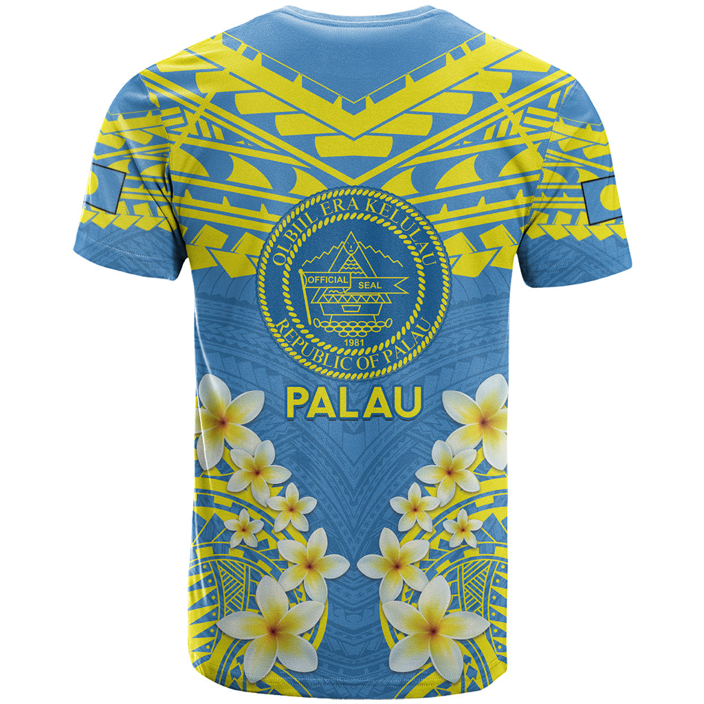 Palau Constitution Day T Shirt Belau Seal With Frangipani Polynesian Pattern - Blue LT14 - Polynesian Pride