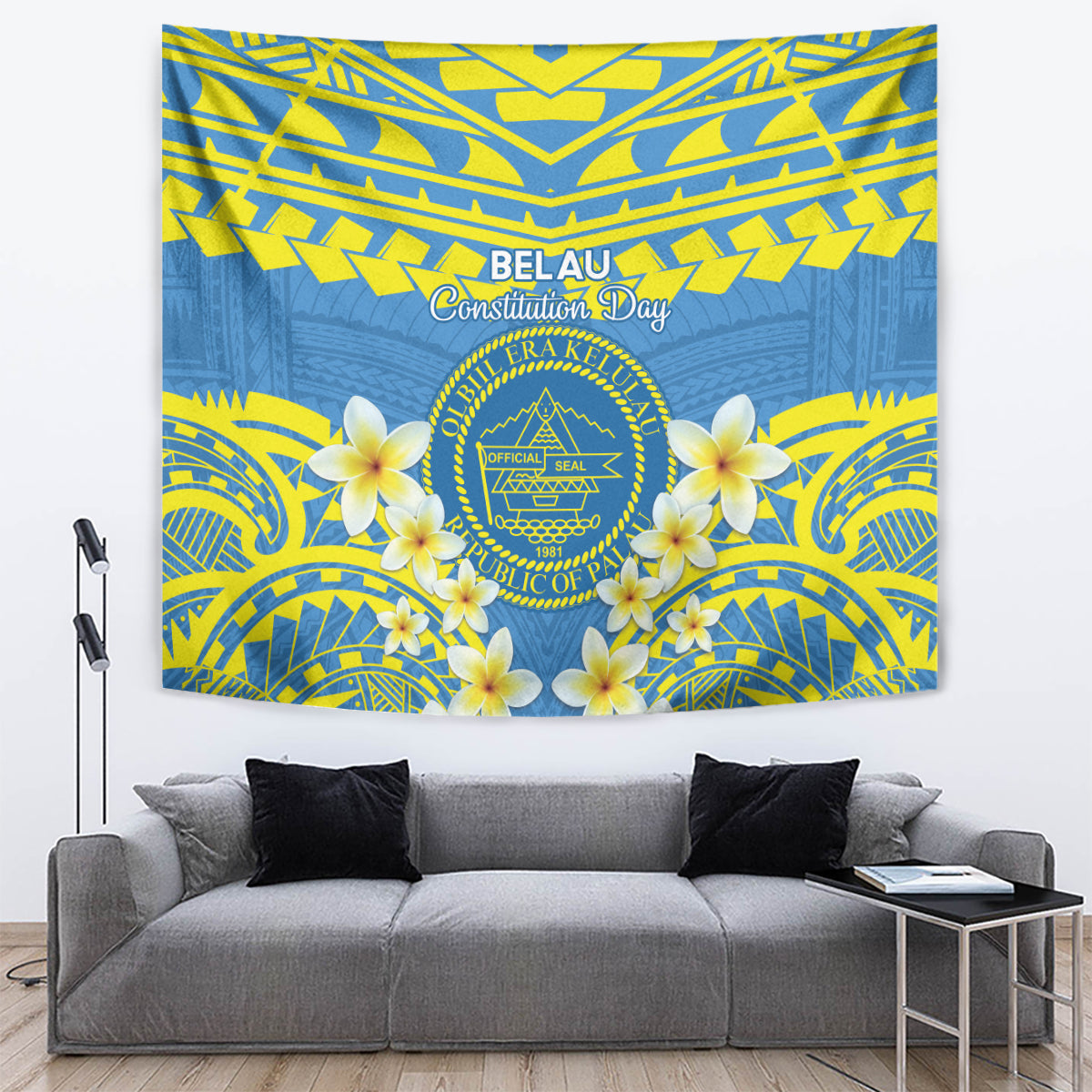 Palau Constitution Day Tapestry Belau Seal With Frangipani Polynesian Pattern - Blue LT14 Blue - Polynesian Pride
