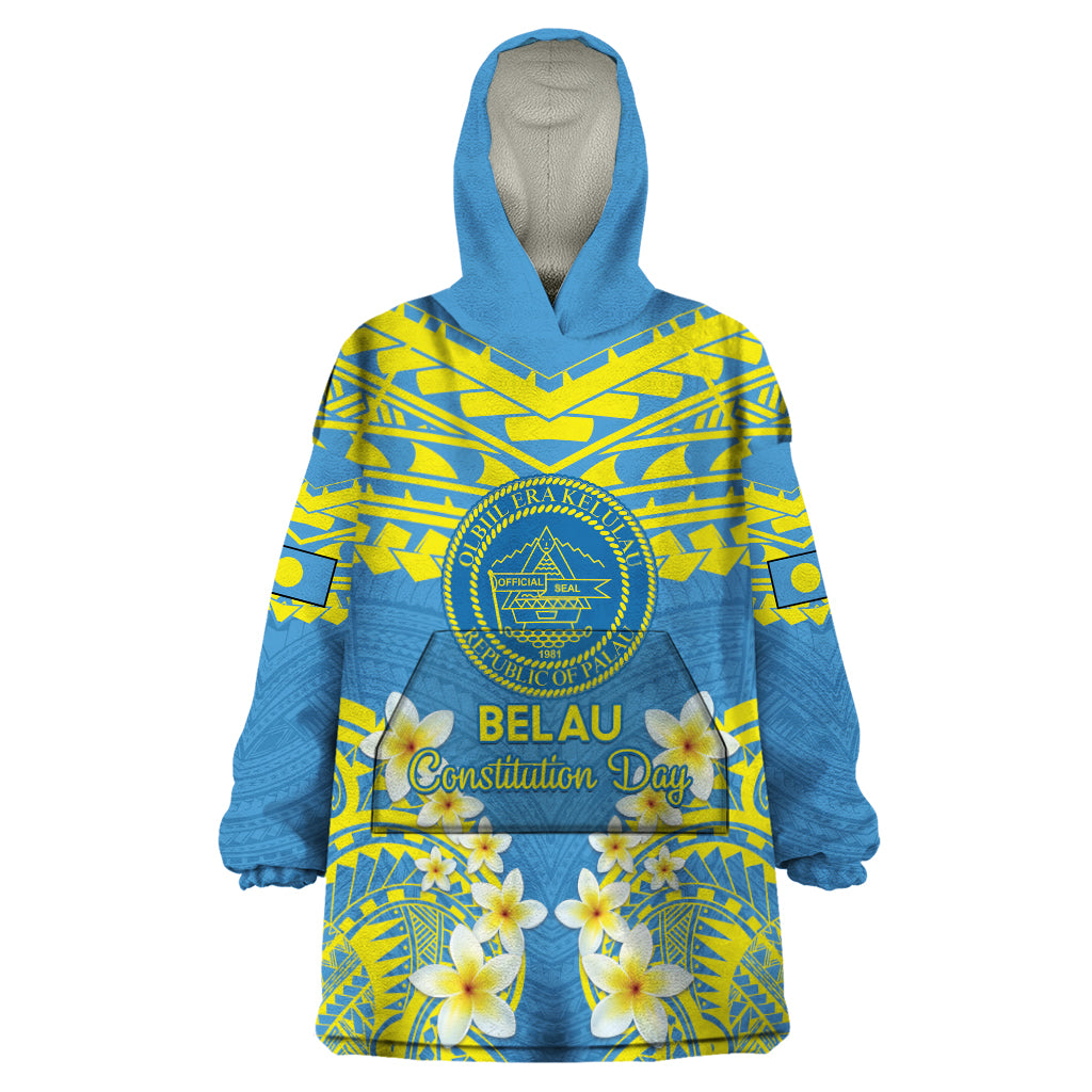 Palau Constitution Day Wearable Blanket Hoodie Belau Seal With Frangipani Polynesian Pattern - Blue LT14 One Size Blue - Polynesian Pride