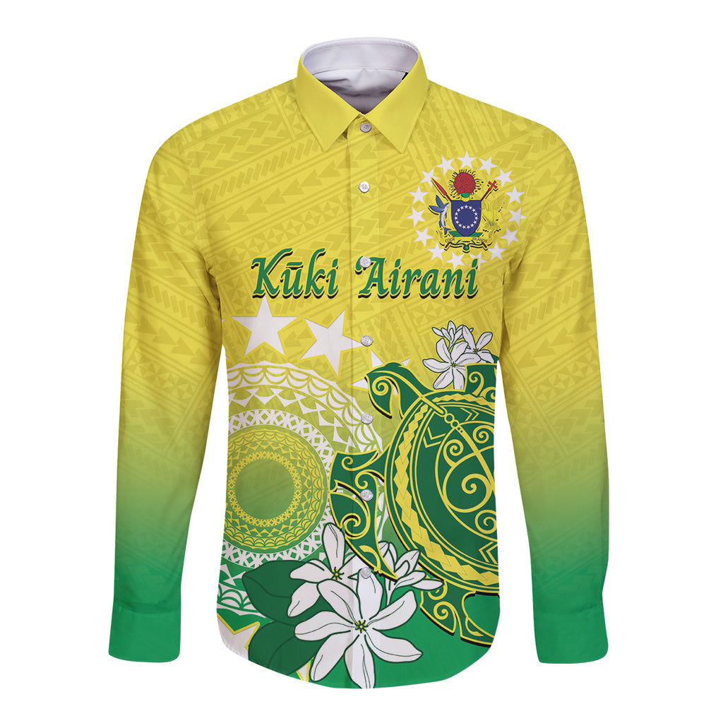 Cook Islands Independence Day Long Sleeve Button Shirt Kuki Airani Tiare Maori Polynesian Pattern - Green