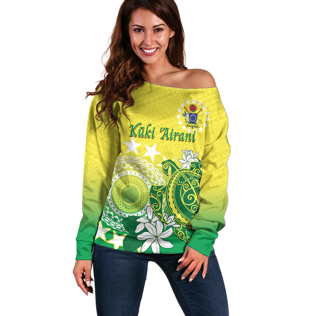 Cook Islands Independence Day Off Shoulder Sweater Kuki Airani Tiare Maori Polynesian Pattern - Green LT14 Women Green - Polynesian Pride