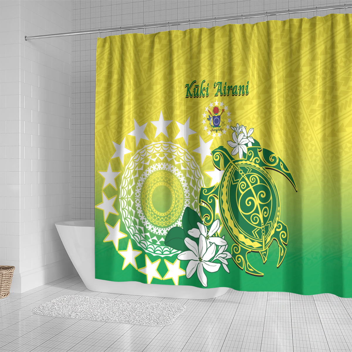 Cook Islands Independence Day Shower Curtain Kuki Airani Tiare Maori Polynesian Pattern - Green LT14 - Polynesian Pride