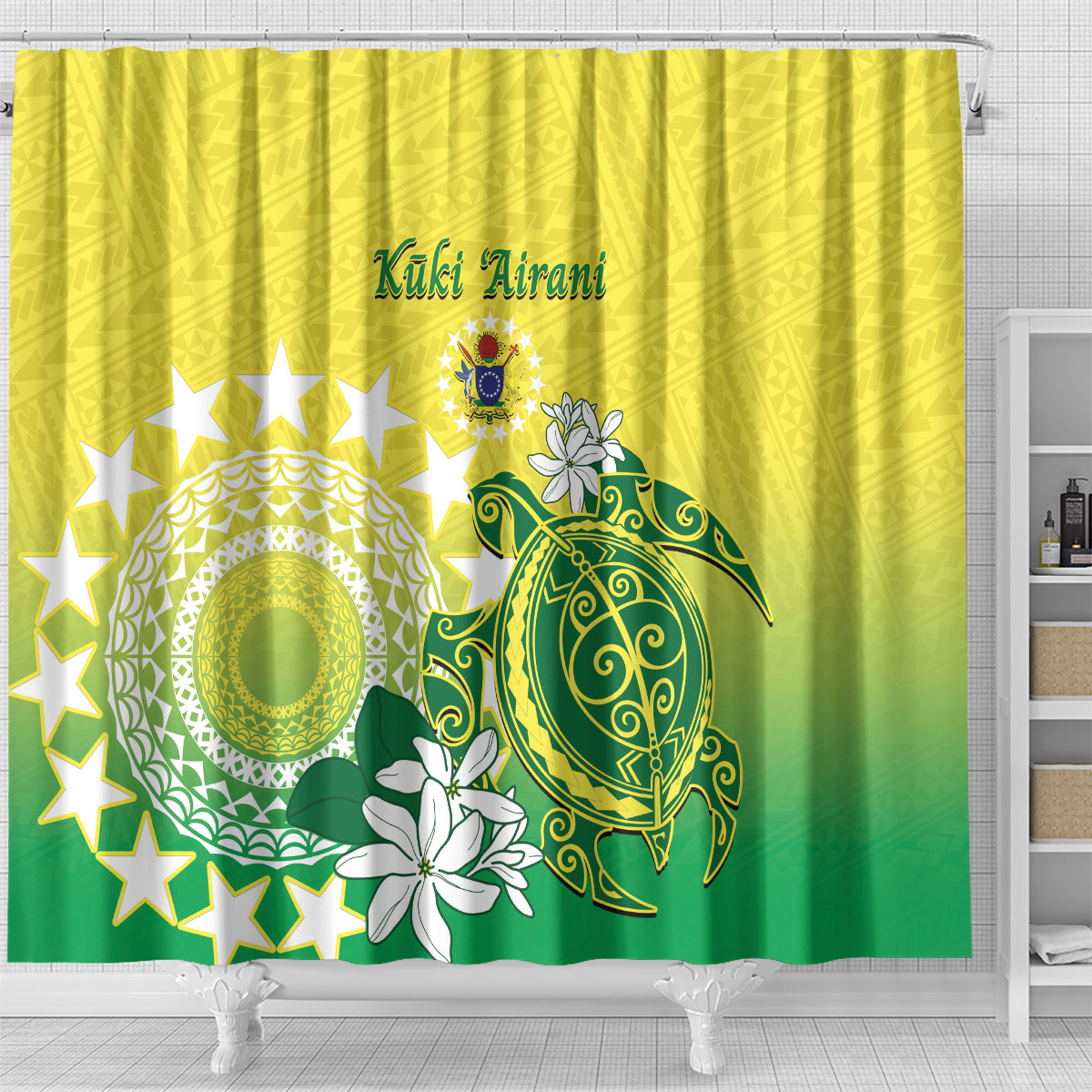 Cook Islands Independence Day Shower Curtain Kuki Airani Tiare Maori Polynesian Pattern - Green LT14 - Polynesian Pride