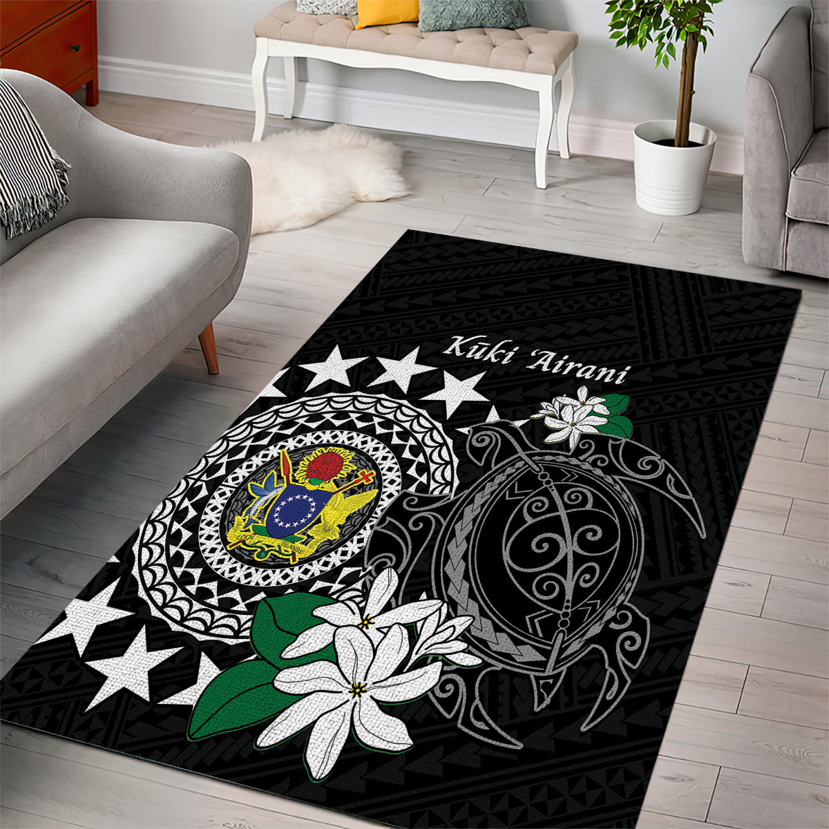 Cook Islands Independence Day Area Rug Kuki Airani Tiare Maori Polynesian Pattern - Black LT14 - Polynesian Pride