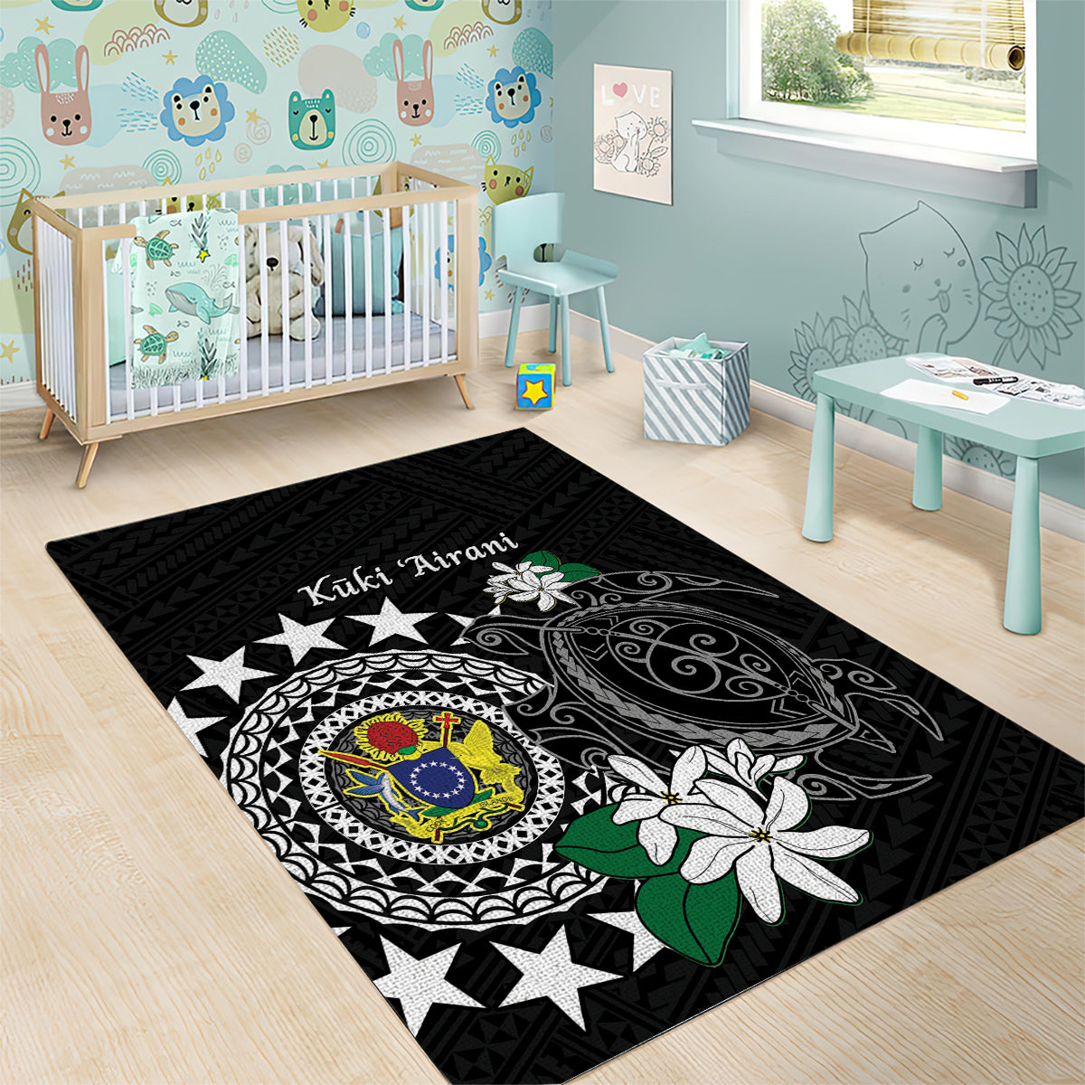Cook Islands Independence Day Area Rug Kuki Airani Tiare Maori Polynesian Pattern - Black LT14 - Polynesian Pride