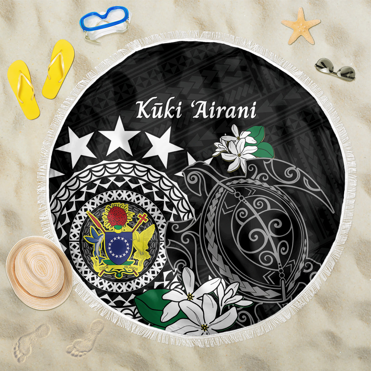 Cook Islands Independence Day Beach Blanket Kuki Airani Tiare Maori Polynesian Pattern - Black LT14 One Size 150cm Black - Polynesian Pride