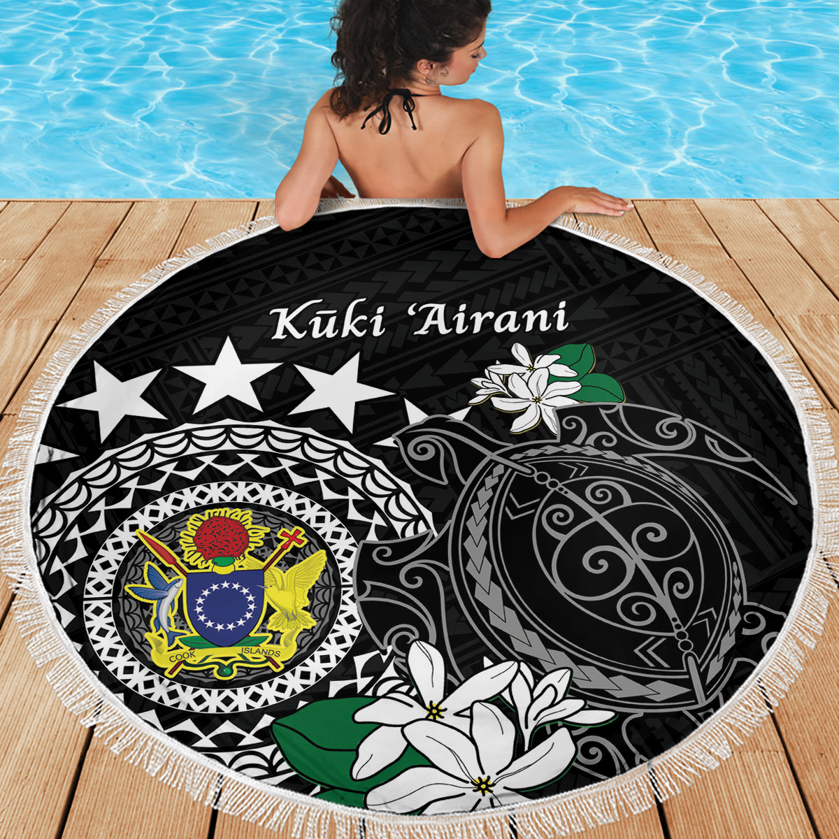 Cook Islands Independence Day Beach Blanket Kuki Airani Tiare Maori Polynesian Pattern - Black LT14 - Polynesian Pride