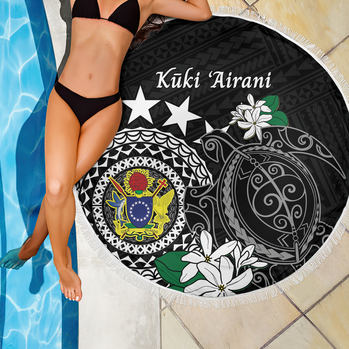Cook Islands Independence Day Beach Blanket Kuki Airani Tiare Maori Polynesian Pattern - Black LT14 - Polynesian Pride