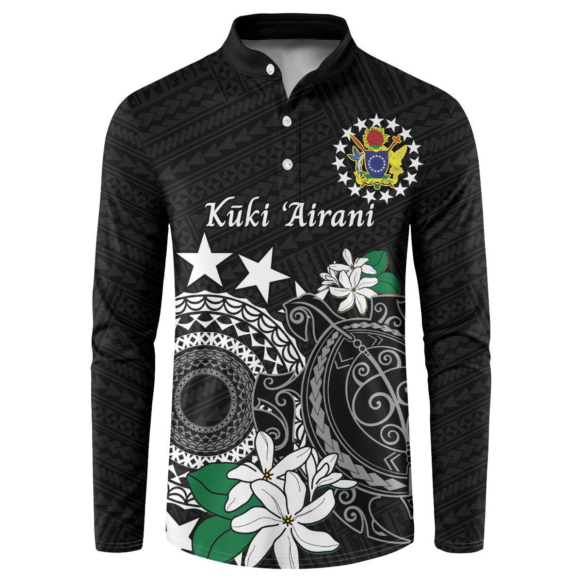 Cook Islands Independence Day Button Sweatshirt Kuki Airani Tiare Maori Polynesian Pattern - Black LT14 Black - Polynesian Pride