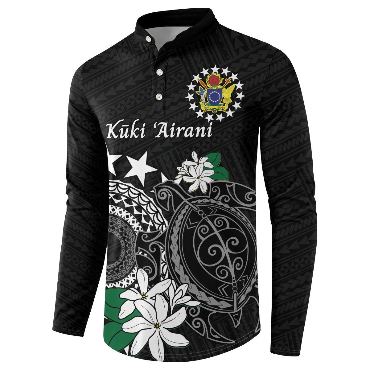Cook Islands Independence Day Button Sweatshirt Kuki Airani Tiare Maori Polynesian Pattern - Black LT14 - Polynesian Pride