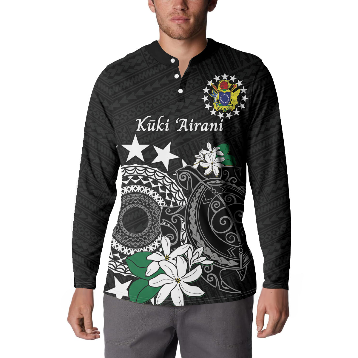 Cook Islands Independence Day Button Sweatshirt Kuki Airani Tiare Maori Polynesian Pattern - Black LT14 - Polynesian Pride