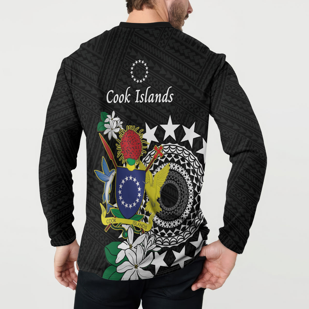 Cook Islands Independence Day Button Sweatshirt Kuki Airani Tiare Maori Polynesian Pattern - Black LT14 - Polynesian Pride