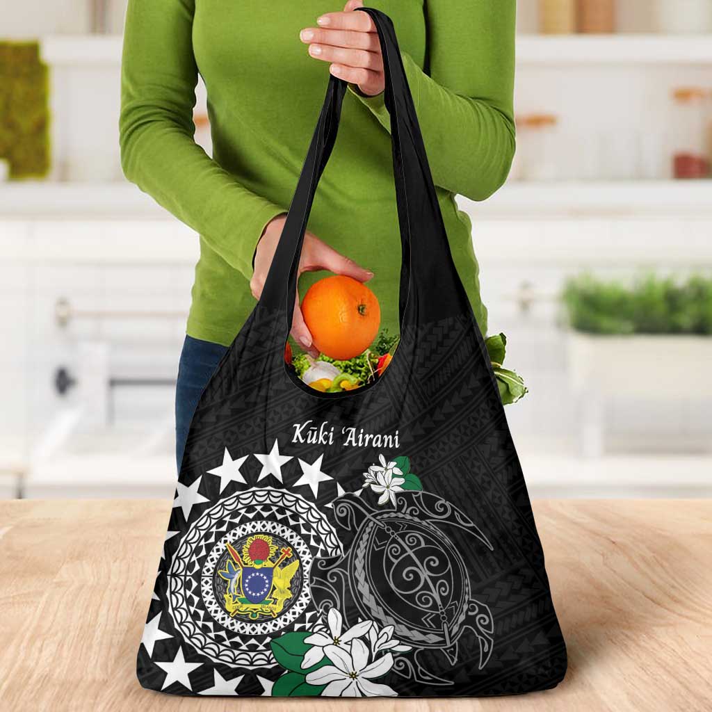 Cook Islands Independence Day Grocery Bag Kuki Airani Tiare Maori Polynesian Pattern - Black LT14 - Polynesian Pride