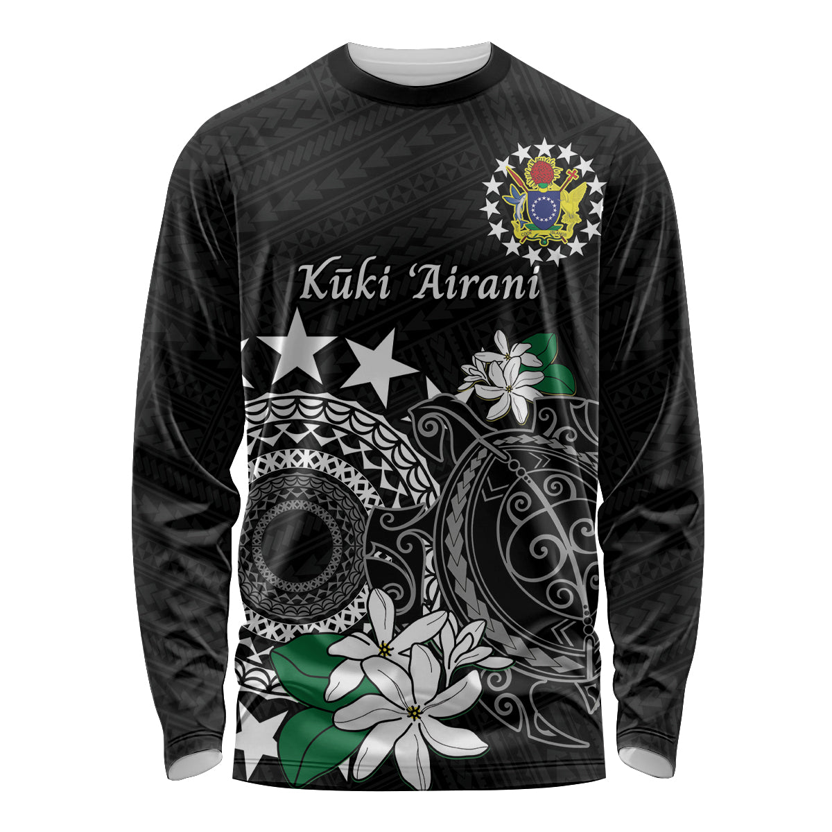 Cook Islands Independence Day Long Sleeve Shirt Kuki Airani Tiare Maori Polynesian Pattern - Black LT14 Unisex Black - Polynesian Pride