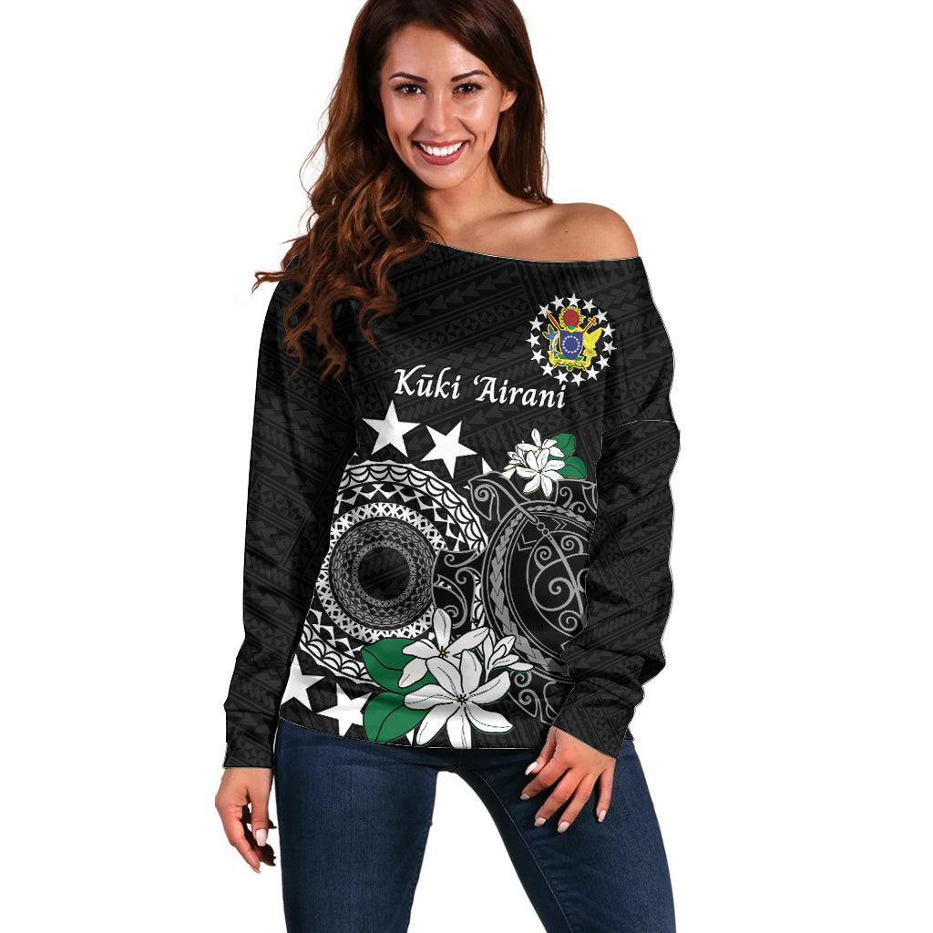 Cook Islands Independence Day Off Shoulder Sweater Kuki Airani Tiare Maori Polynesian Pattern - Black LT14 Women Black - Polynesian Pride
