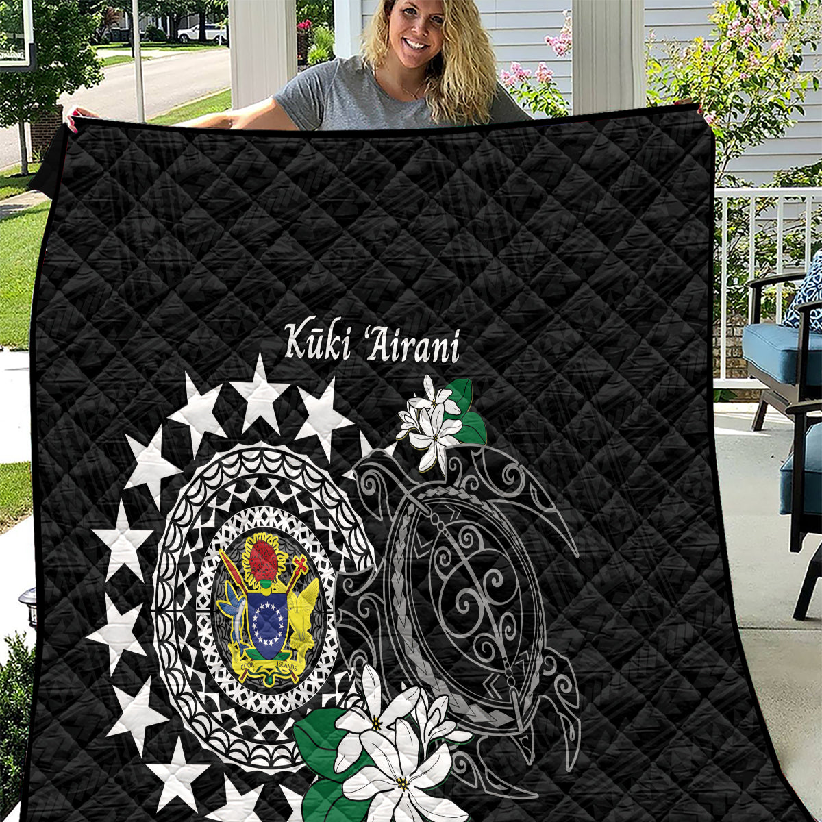 Cook Islands Independence Day Quilt Kuki Airani Tiare Maori Polynesian Pattern - Black