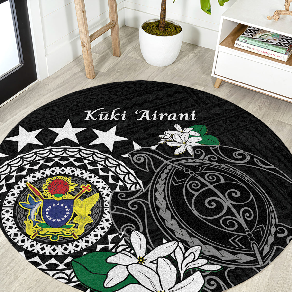 Cook Islands Independence Day Round Carpet Kuki Airani Tiare Maori Polynesian Pattern - Black LT14 Black - Polynesian Pride