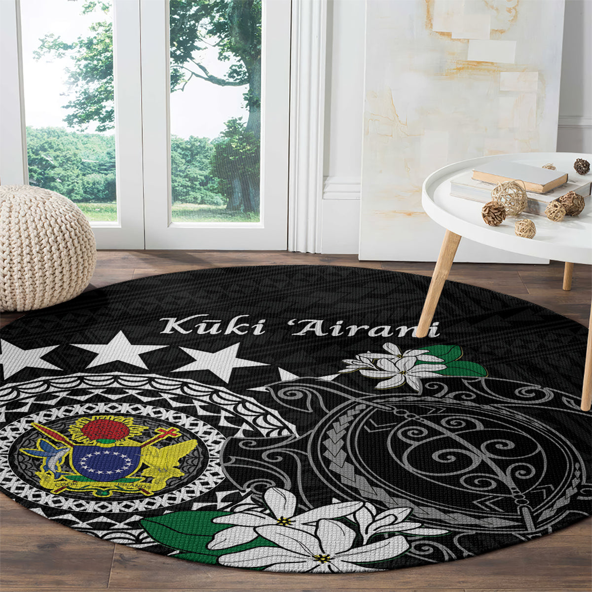 Cook Islands Independence Day Round Carpet Kuki Airani Tiare Maori Polynesian Pattern - Black LT14 - Polynesian Pride
